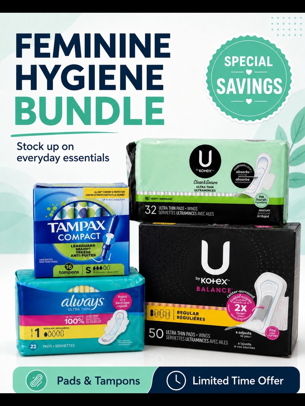 💙 4pcs Feminine Hygiene Bundle - Tampax, Always, U by Kotex
